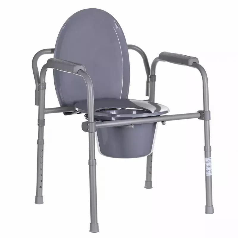 Cadeira sanitária dobrável ANTAR com braços, caixa de armazenamento, estrutura em aço, altura ajustável 35–50 cm, carga máx. 120 kg, cinzento