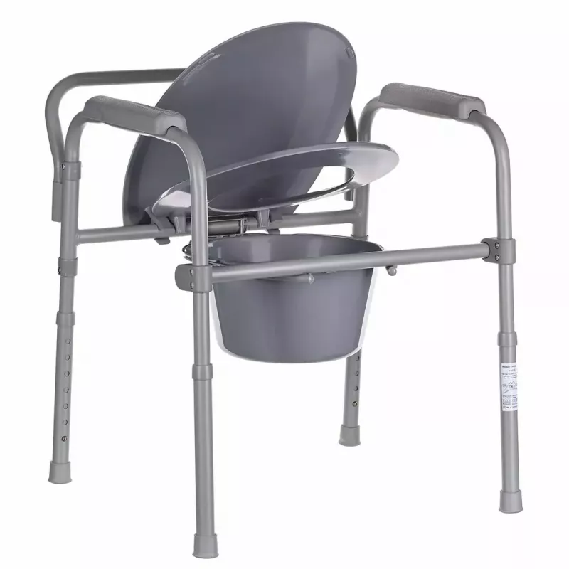 Cadeira sanitária dobrável ANTAR com braços, caixa de armazenamento, estrutura em aço, altura ajustável 35–50 cm, carga máx. 120 kg, cinzento