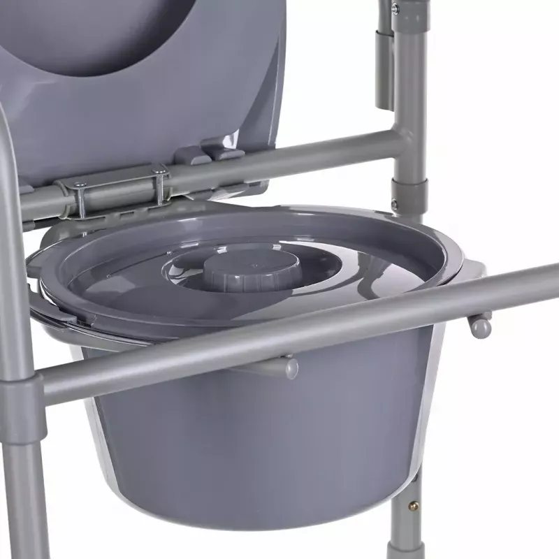 Cadeira sanitária dobrável ANTAR com braços, caixa de armazenamento, estrutura em aço, altura ajustável 35–50 cm, carga máx. 120 kg, cinzento