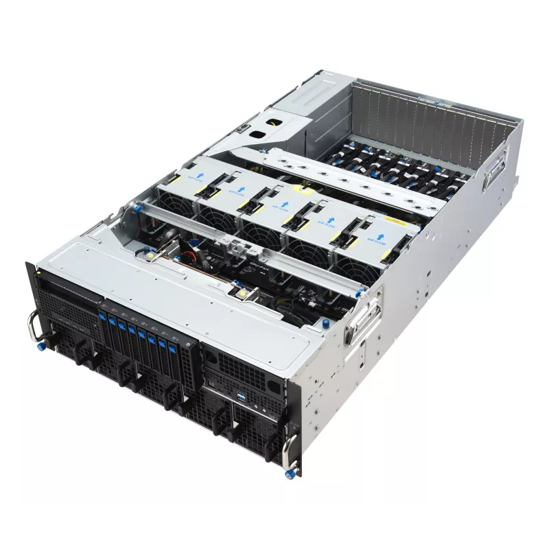 Servidor rack ASUS ESC8000A-E13 (4U) prateado – LGA 6096, AMD EPYC, DDR5, até 3 TB, 24 DIMM, 2× CPU, fonte de alimentação 3200 W