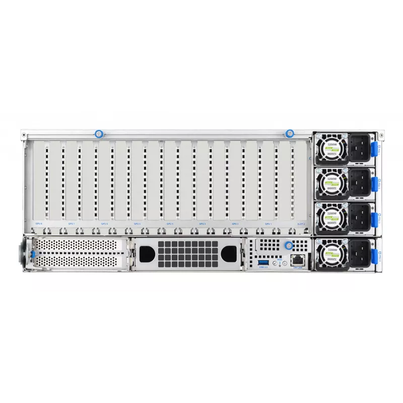 Servidor rack ASUS ESC8000A-E13 (4U) prateado – LGA 6096, AMD EPYC, DDR5, até 3 TB, 24 DIMM, 2× CPU, fonte de alimentação 3200 W