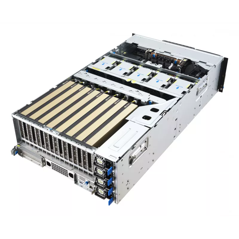 Servidor rack ASUS ESC8000A-E13 (4U) prateado – LGA 6096, AMD EPYC, DDR5, até 3 TB, 24 DIMM, 2× CPU, fonte de alimentação 3200 W