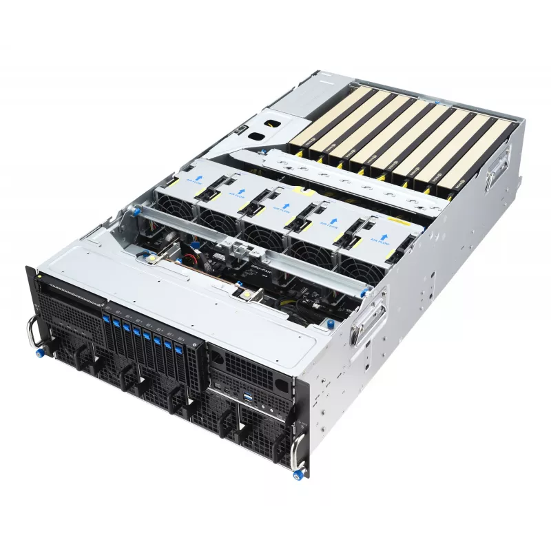 Servidor rack ASUS ESC8000A-E13 (4U) prateado – LGA 6096, AMD EPYC, DDR5, até 3 TB, 24 DIMM, 2× CPU, fonte de alimentação 3200 W