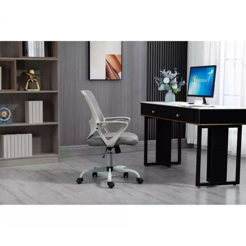 Cadeira de escritório giratória ActiveJet YK507 – assento acolchoado, encosto em malha, estofamento em tecido cinzento, altura 90–100 cm, largura do encosto 45 cm