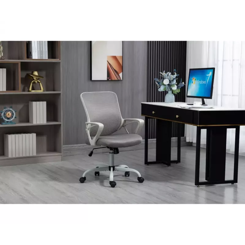 Cadeira de escritório giratória ActiveJet YK507 – assento acolchoado, encosto em malha, estofamento em tecido cinzento, altura 90–100 cm, largura do encosto 45 cm