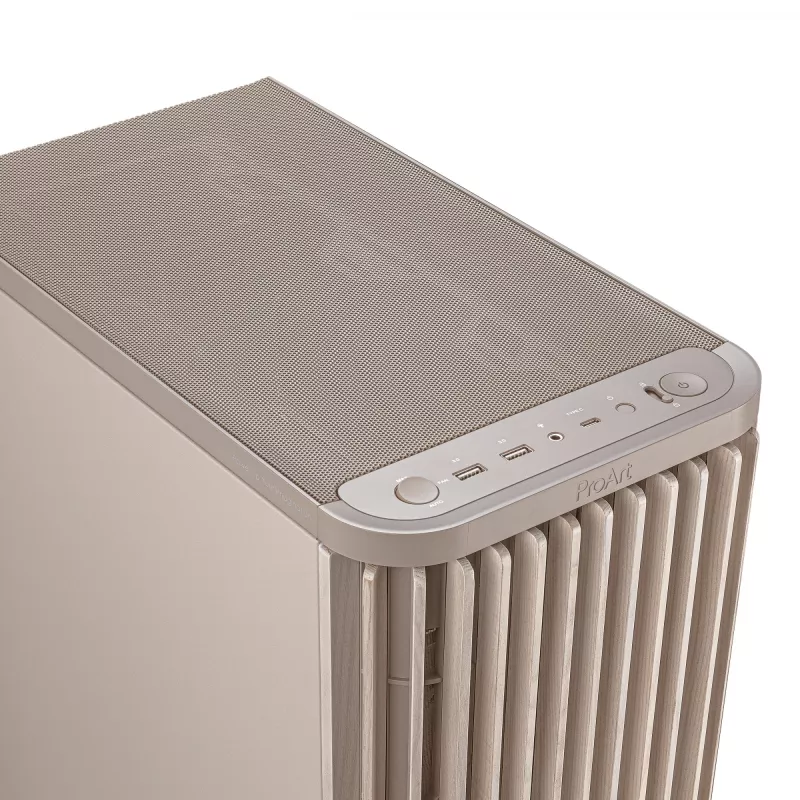 Caixa de PC ASUS ProArt PA401 Wood Edition Beige — Mid-Tower, painel frontal em metal