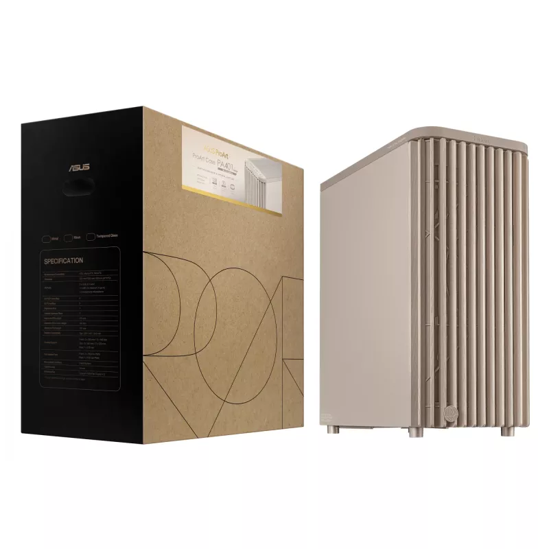 Caixa de PC ASUS ProArt PA401 Wood Edition Beige — Mid-Tower, painel frontal em metal
