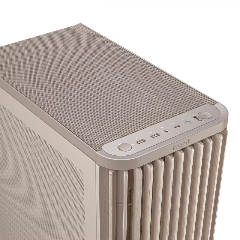 Caixa de PC ASUS ProArt PA401 Wood Mesh PWM Beige — ATX, madeira, 2×160 mm frente, 1×120 mm traseira, 2×3,5 polegadas + 2×2,5 polegadas baías