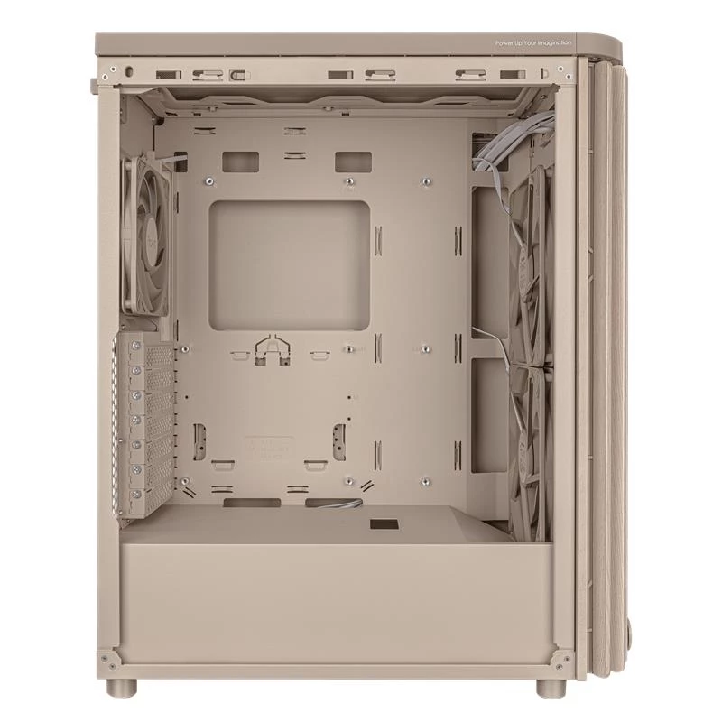 Caixa de PC ASUS ProArt PA401 Wood Mesh PWM Beige — ATX, madeira, 2×160 mm frente, 1×120 mm traseira, 2×3,5 polegadas + 2×2,5 polegadas baías