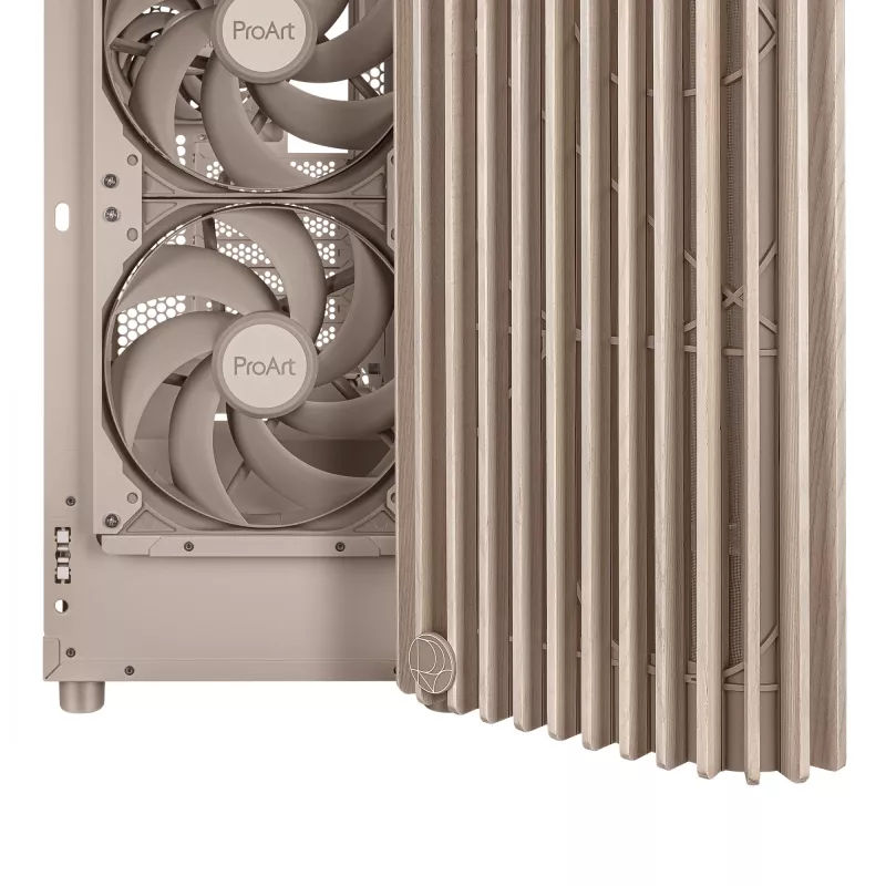 Caixa de PC ASUS ProArt PA401 Wood Mesh PWM Beige — ATX, madeira, 2×160 mm frente, 1×120 mm traseira, 2×3,5 polegadas + 2×2,5 polegadas baías