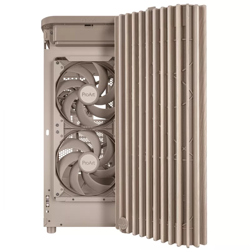 Caixa de PC ASUS ProArt PA401 Wood Mesh PWM Beige — ATX, madeira, 2×160 mm frente, 1×120 mm traseira, 2×3,5 polegadas + 2×2,5 polegadas baías