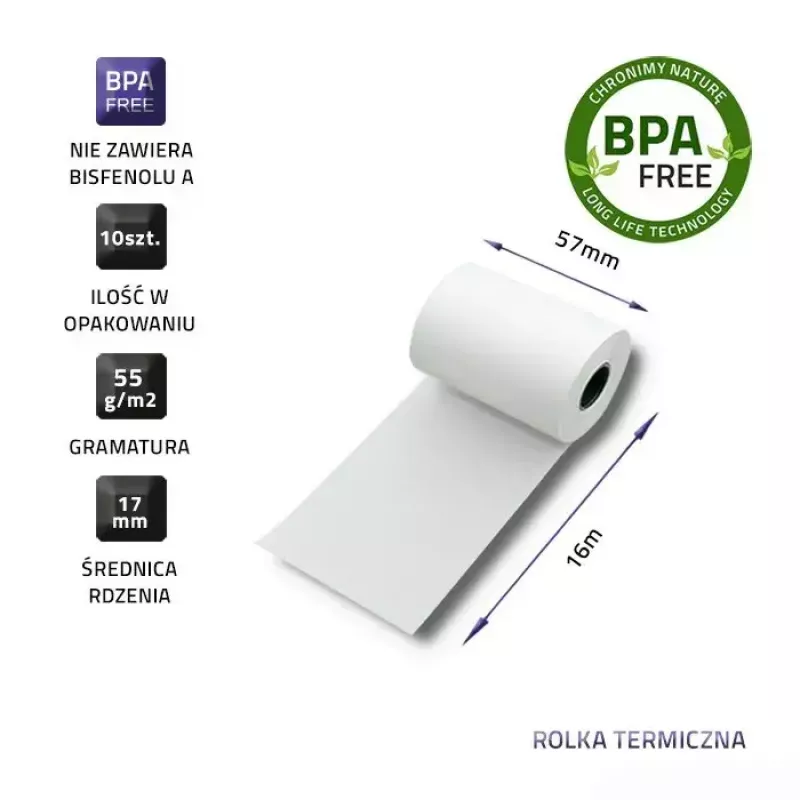 Rolo térmico QOLTEC 51899 — 57 mm x 16 m, 55 g/m², sem BPA