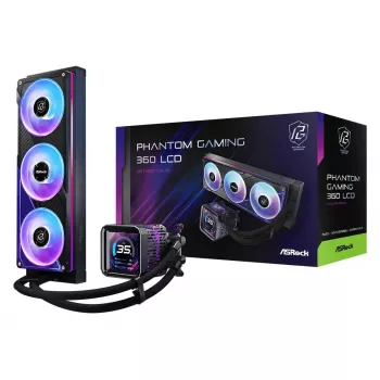 Kit de refrigeração líquida ASRock Phantom Gaming 360 LCD — ventoinha de 120 mm, LGA1700/AM5/AM4, preto