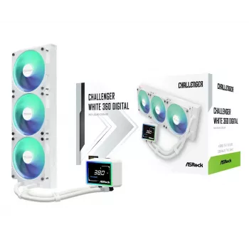 ASROCK Challenger 360 Digital ARGB White — cooler líquido de CPU de 360mm, iluminação ARGB digital, acabamento branco