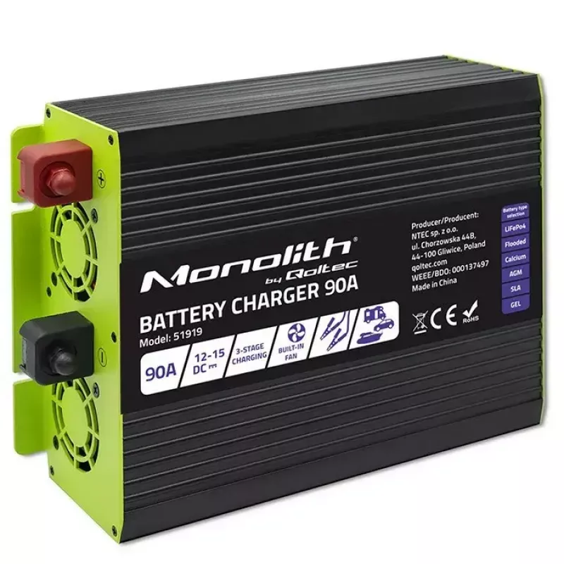 Carregador de bateria QOLTEC 51919 90A 12V para LiFePO4 AGM GEL SLA