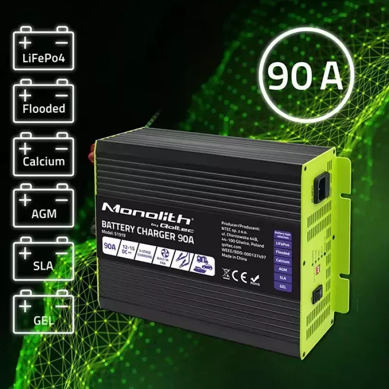 Carregador de bateria QOLTEC 51919 90A 12V para LiFePO4 AGM GEL SLA
