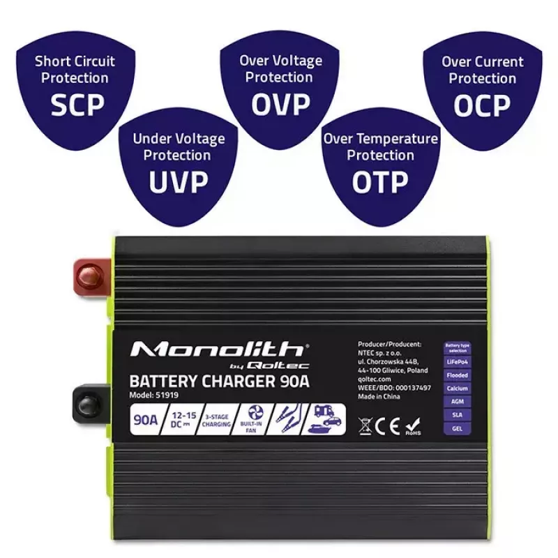 Carregador de bateria QOLTEC 51919 90A 12V para LiFePO4 AGM GEL SLA