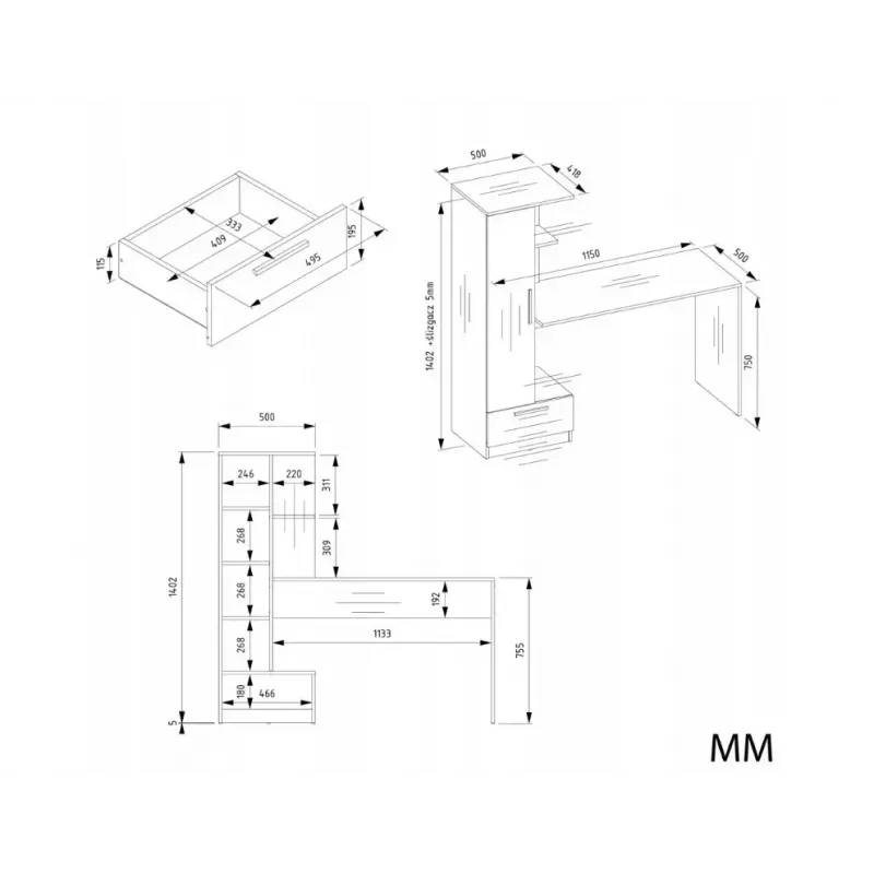 Conjunto secretária e estante top e shop COSMO Oak Artisan — tampo 115×50 cm, largura 1430 mm, altura 1400 mm, profundidade 500 mm, 1 gaveta