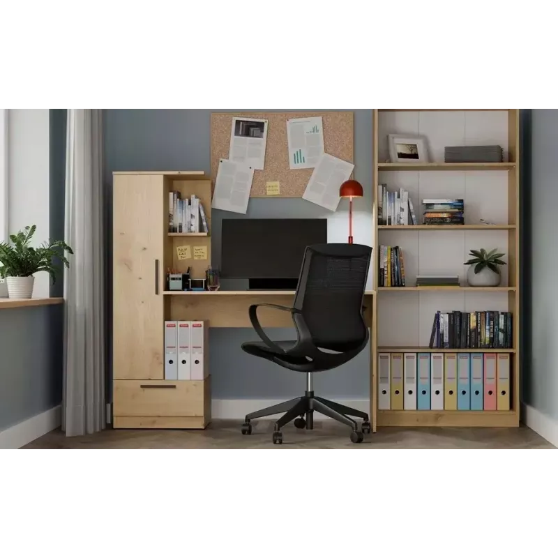 Conjunto secretária e estante top e shop COSMO Oak Artisan — tampo 115×50 cm, largura 1430 mm, altura 1400 mm, profundidade 500 mm, 1 gaveta