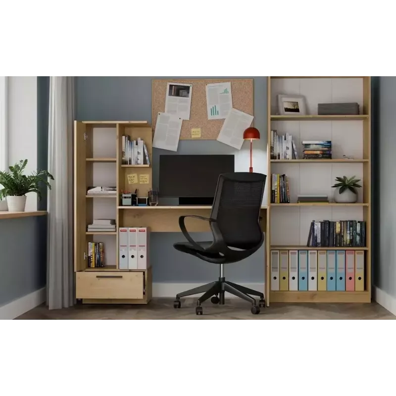 Conjunto secretária e estante top e shop COSMO Oak Artisan — tampo 115×50 cm, largura 1430 mm, altura 1400 mm, profundidade 500 mm, 1 gaveta