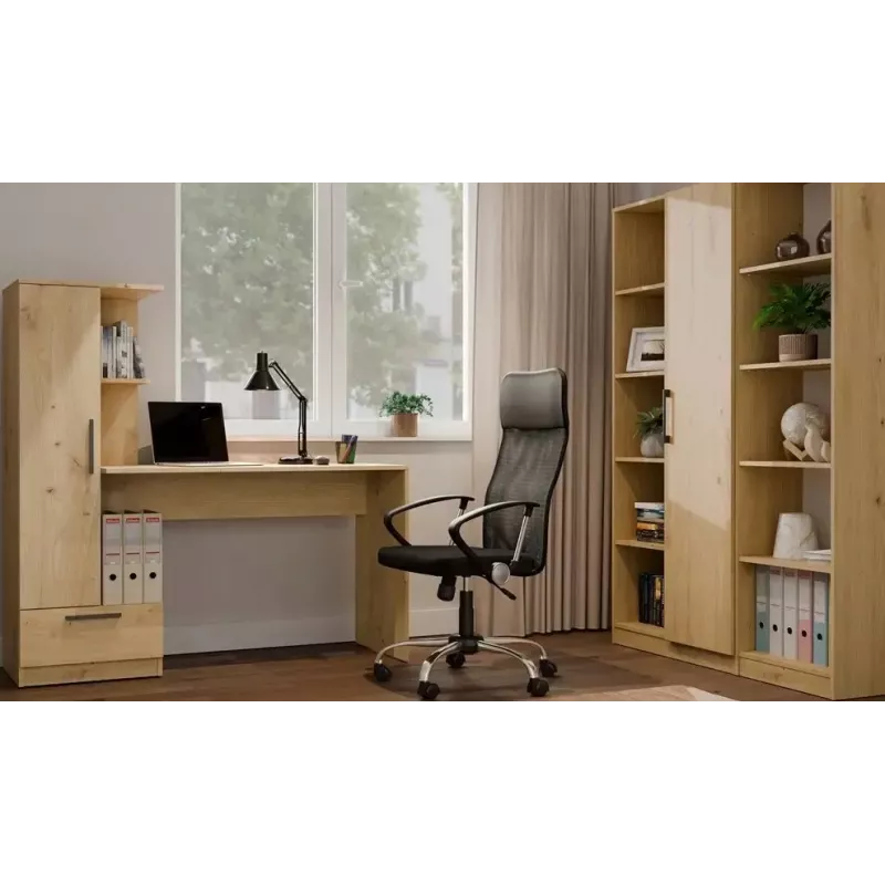 Conjunto secretária e estante top e shop COSMO Oak Artisan — tampo 115×50 cm, largura 1430 mm, altura 1400 mm, profundidade 500 mm, 1 gaveta