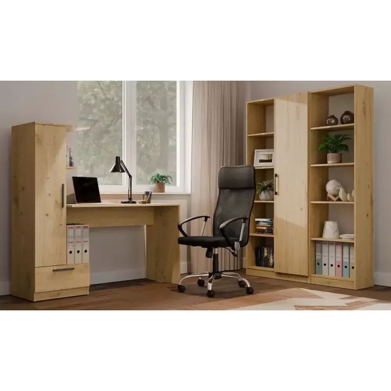 Conjunto secretária e estante top e shop COSMO Oak Artisan — tampo 115×50 cm, largura 1430 mm, altura 1400 mm, profundidade 500 mm, 1 gaveta