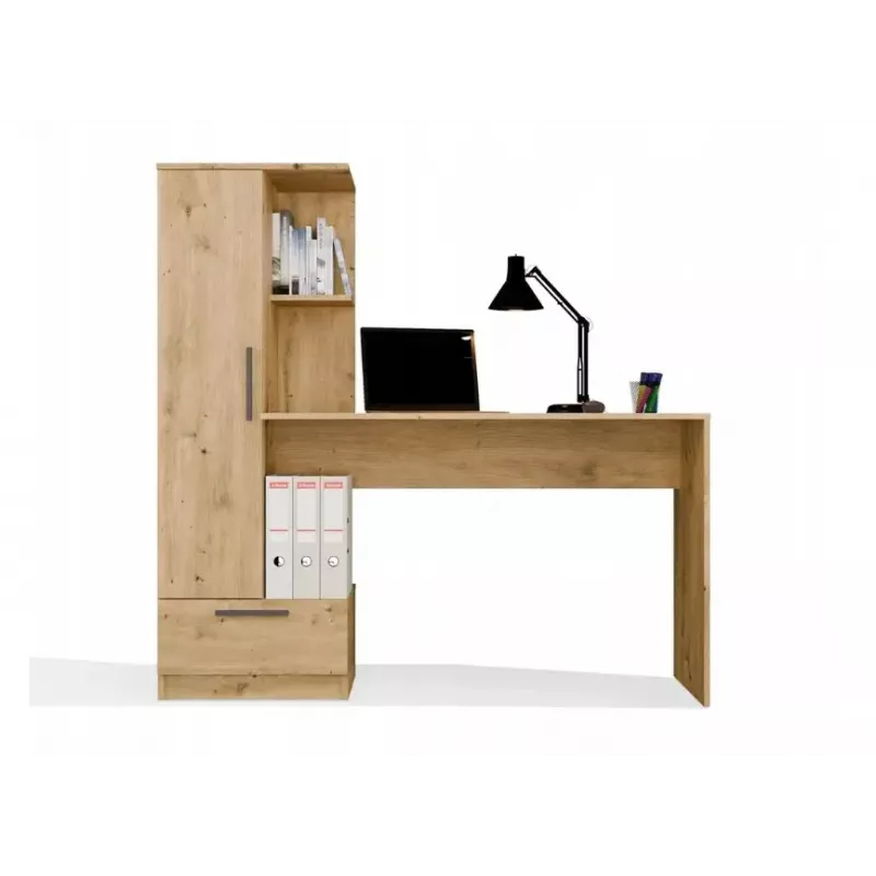 Conjunto secretária e estante top e shop COSMO Oak Artisan — tampo 115×50 cm, largura 1430 mm, altura 1400 mm, profundidade 500 mm, 1 gaveta