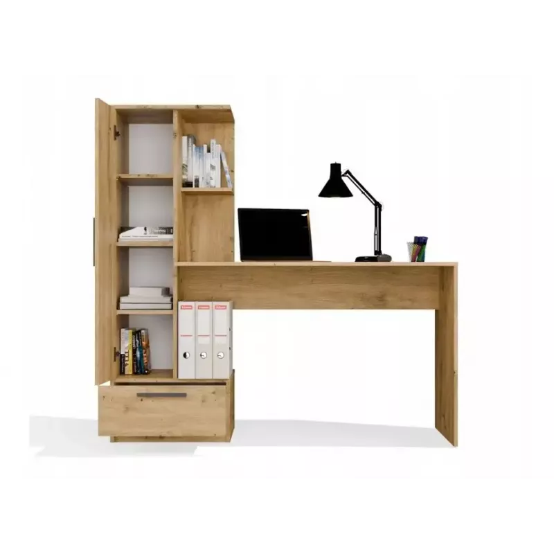Conjunto secretária e estante top e shop COSMO Oak Artisan — tampo 115×50 cm, largura 1430 mm, altura 1400 mm, profundidade 500 mm, 1 gaveta