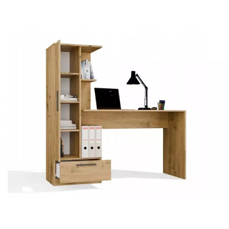Conjunto secretária e estante top e shop COSMO Oak Artisan — tampo 115×50 cm, largura 1430 mm, altura 1400 mm, profundidade 500 mm, 1 gaveta