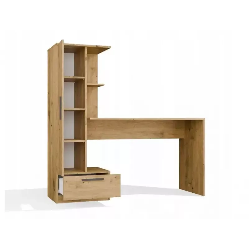 Conjunto secretária e estante top e shop COSMO Oak Artisan — tampo 115×50 cm, largura 1430 mm, altura 1400 mm, profundidade 500 mm, 1 gaveta