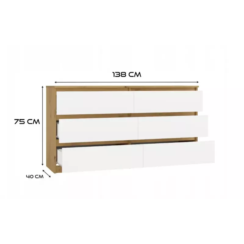 Cómoda MALWA M6 da top e shop — 6 gavetas, 1380×400×750 mm, estrutura cor carvalho artisan, frente branca