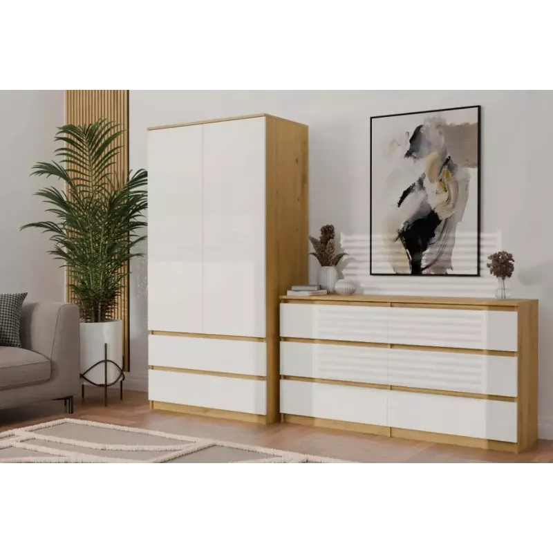 Cómoda MALWA M6 da top e shop — 6 gavetas, 1380×400×750 mm, estrutura cor carvalho artisan, frente branca