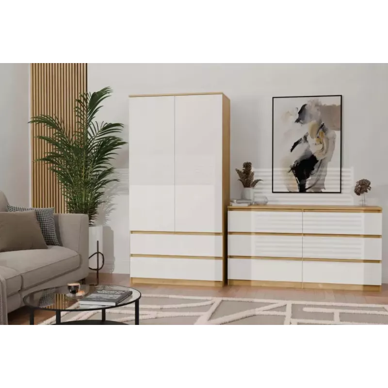 Cómoda MALWA M6 da top e shop — 6 gavetas, 1380×400×750 mm, estrutura cor carvalho artisan, frente branca