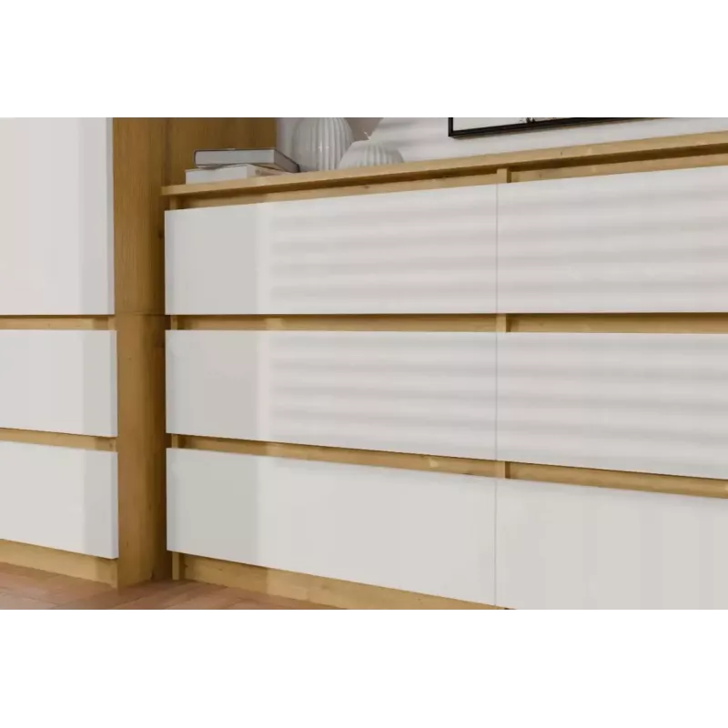 Cómoda MALWA M6 da top e shop — 6 gavetas, 1380×400×750 mm, estrutura cor carvalho artisan, frente branca