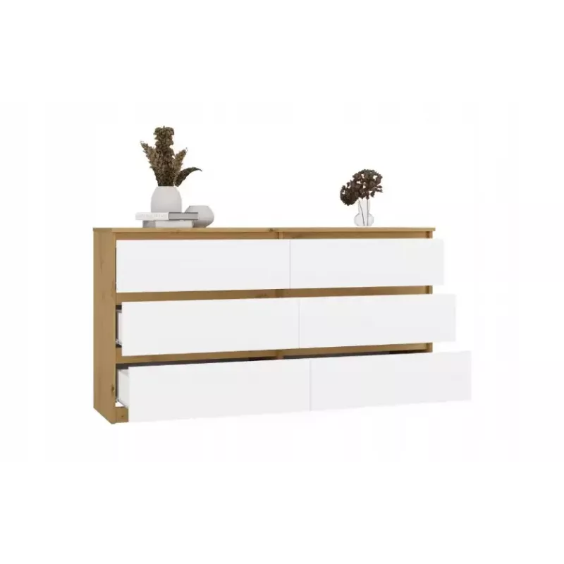 Cómoda MALWA M6 da top e shop — 6 gavetas, 1380×400×750 mm, estrutura cor carvalho artisan, frente branca