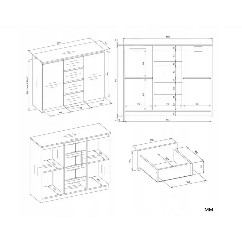 Cómoda com 2 portas e 4 gavetas TOP E SHOP M-MP-K-MAL-2D4S/120-KASZ, caxemira, 120×40×97 cm, aglomerado