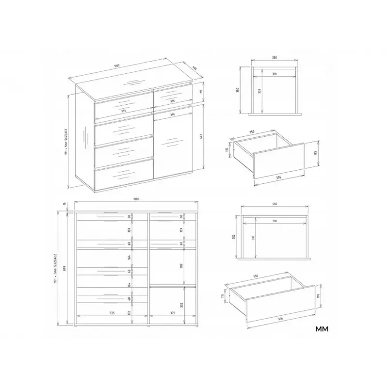 Cómoda top e shop MALWA 1D5S, 5 gavetas, 1 porta de abrir, branco, 1000×400×930 mm, aglomerado