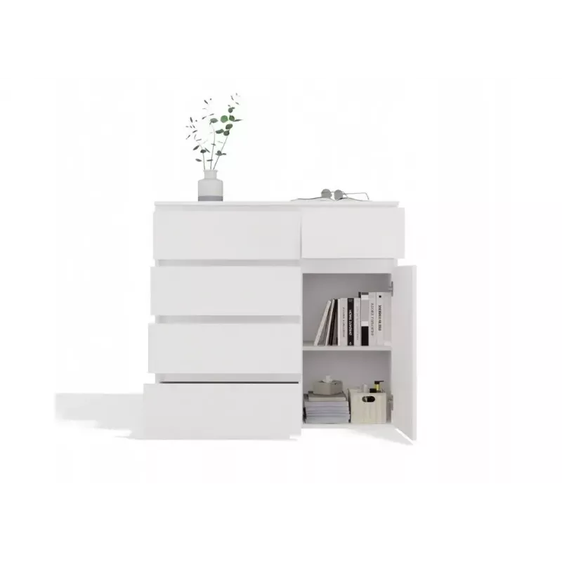 Cómoda top e shop MALWA 1D5S, 5 gavetas, 1 porta de abrir, branco, 1000×400×930 mm, aglomerado