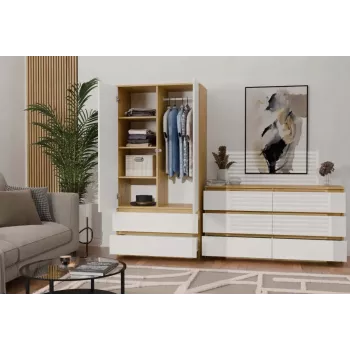 Guarda-roupa top e shop MALWA SS-90, 900×500×1800 mm, corpo carvalho Artisan, portas de batente brancas, 2 gavetas, aglomerado