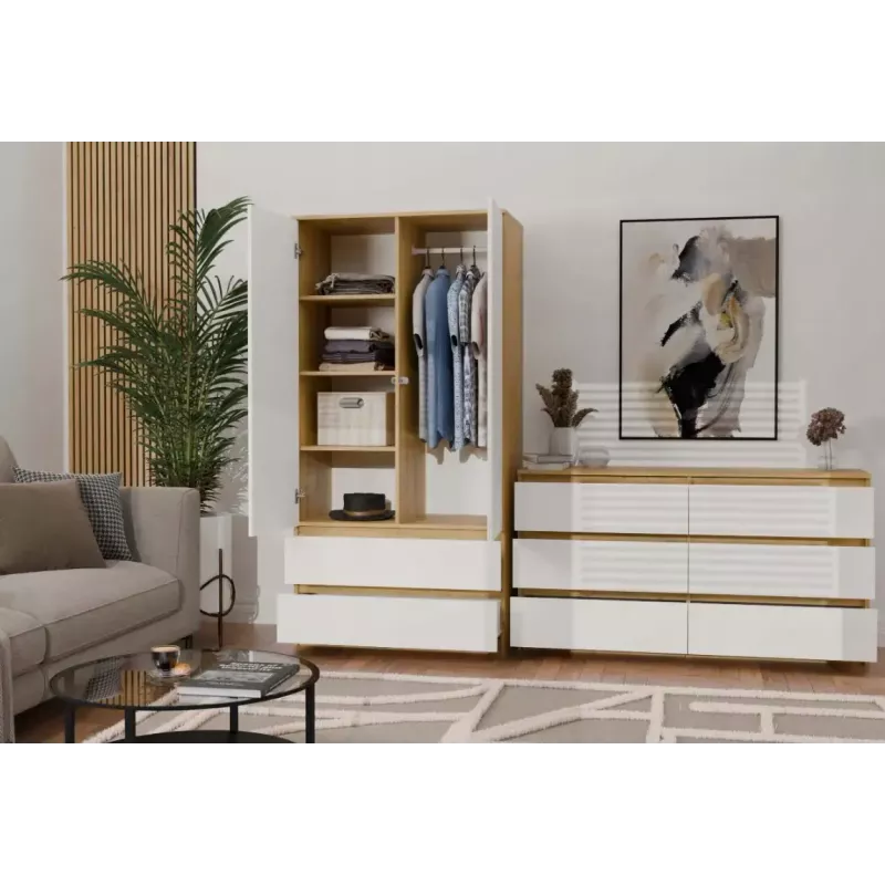 Guarda-roupa top e shop MALWA SS-90, 900×500×1800 mm, corpo carvalho Artisan, portas de batente brancas, 2 gavetas, aglomerado