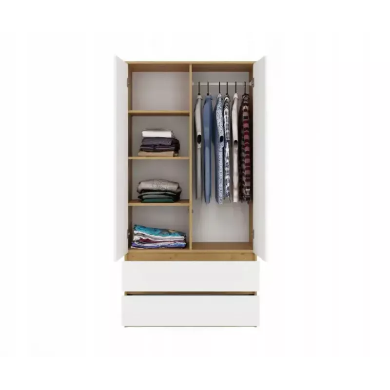Guarda-roupa top e shop MALWA SS-90, 900×500×1800 mm, corpo carvalho Artisan, portas de batente brancas, 2 gavetas, aglomerado