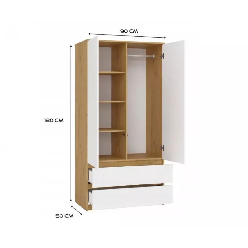 Guarda-roupa top e shop MALWA SS-90, 900×500×1800 mm, corpo carvalho Artisan, portas de batente brancas, 2 gavetas, aglomerado