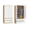 Guarda-roupa top e shop MALWA SS-90, 900×500×1800 mm, corpo carvalho Artisan, portas de batente brancas, 2 gavetas, aglomerado