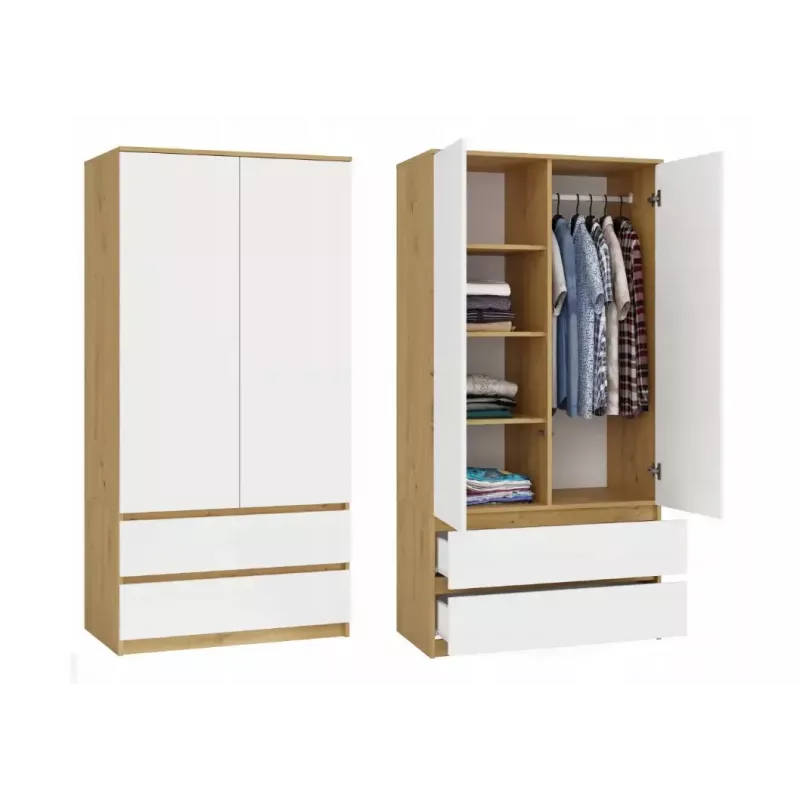 Guarda-roupa top e shop MALWA SS-90, 900×500×1800 mm, corpo carvalho Artisan, portas de batente brancas, 2 gavetas, aglomerado