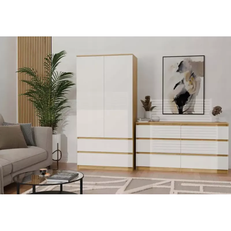 Guarda-roupa top e shop MALWA SS-90, 900×500×1800 mm, corpo carvalho Artisan, portas de batente brancas, 2 gavetas, aglomerado