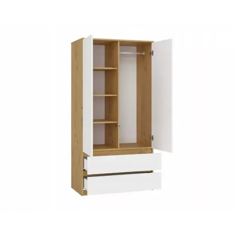 Guarda-roupa top e shop MALWA SS-90, 900×500×1800 mm, corpo carvalho Artisan, portas de batente brancas, 2 gavetas, aglomerado