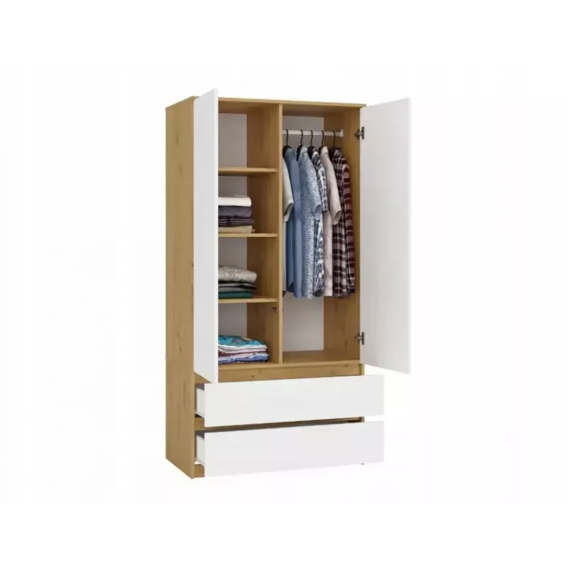 Guarda-roupa top e shop MALWA SS-90, 900×500×1800 mm, corpo carvalho Artisan, portas de batente brancas, 2 gavetas, aglomerado