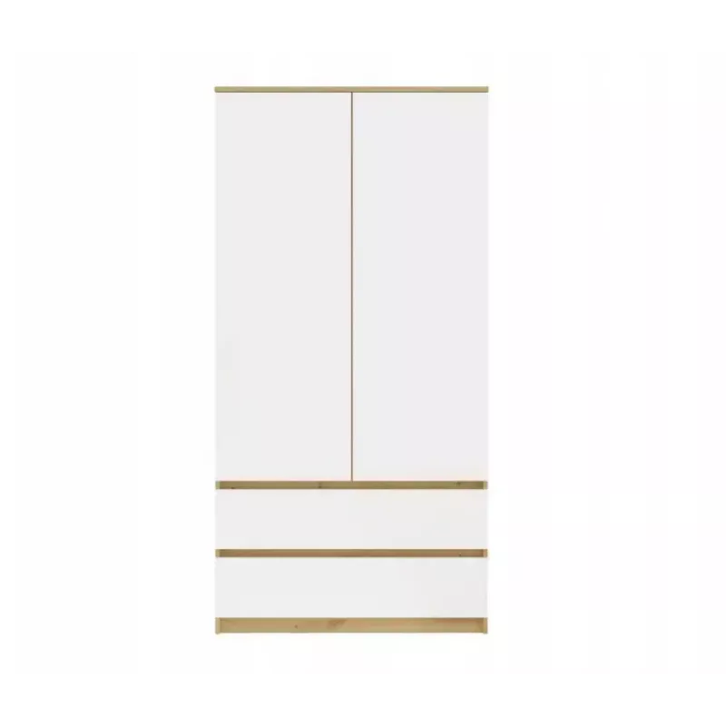Guarda-roupa top e shop MALWA SS-90, 900×500×1800 mm, corpo carvalho Artisan, portas de batente brancas, 2 gavetas, aglomerado