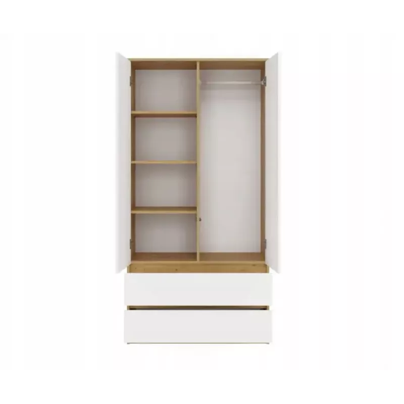 Guarda-roupa top e shop MALWA SS-90, 900×500×1800 mm, corpo carvalho Artisan, portas de batente brancas, 2 gavetas, aglomerado