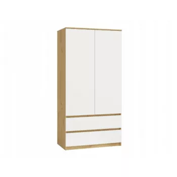 Guarda-roupa top e shop MALWA SS-90, 900×500×1800 mm, corpo carvalho Artisan, portas de batente brancas, 2 gavetas, aglomerado